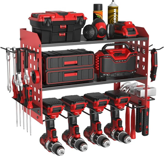 SUNALLY Power Tool Organizer, Wall Mount Garage Tools Storage Rack, Red | Metal Tool Storage Rack with 4 Drill Holders, Heavy Duty Power Tool Shelf for Garage,Warehouse,Workshop, Gift for Men,Husband