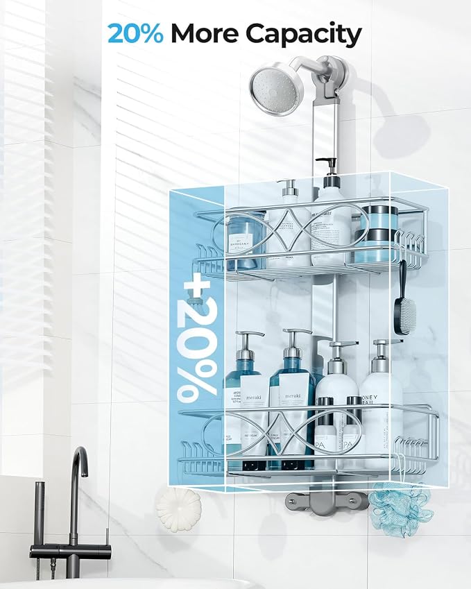 ODesign 2 Tier Aluminum Shower Caddy Rustproof Hanging Adjustable Silver | Shower organizer hanging,no drilling required,comes with removable hook and storage box, suitable for indoor showers
