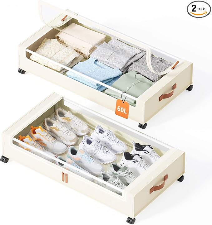 Yecaye Under Bed Storage with Wheels, 2 Pack Under Bed Storage Containers, 60L Underbed Shoe Storage with Clear Window & Label, Rolling Under Bed Metal Drawer for Clothes, Shoes, Books, Blankets
