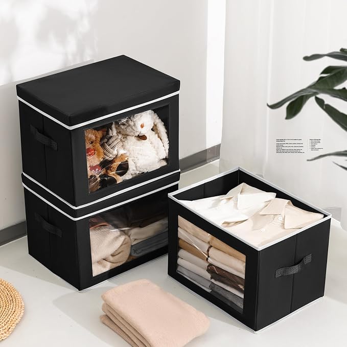 Homsorout Storage Bins with Lids, 3 Pack Large Storage Cubes with Window, Closet Bins with Lids & Handles, Fabric Box for Organizing Clothes, Towels, Books, Black