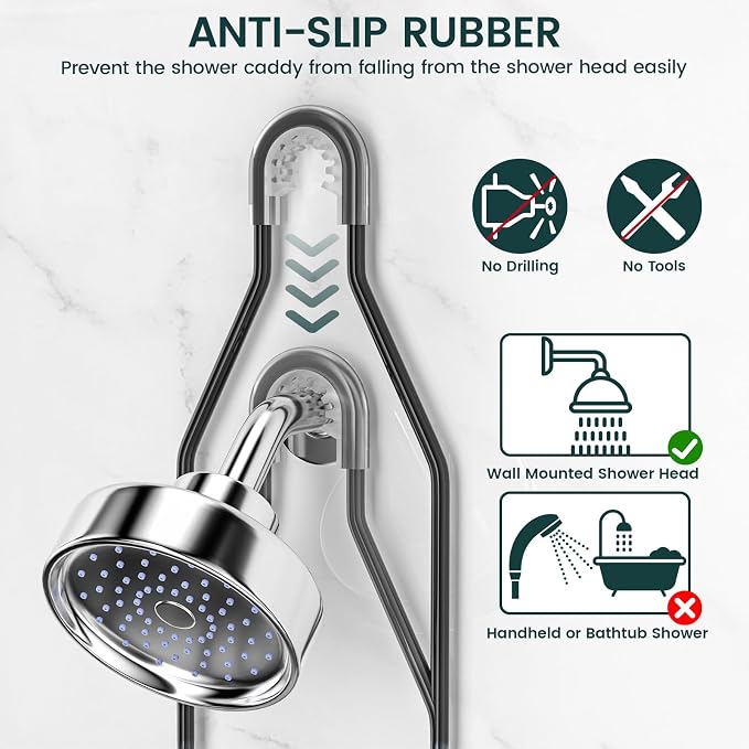 Shower Caddy Hanging Adjustable Shower Caddy, Rustproof Shower Organizer Extended Length Shower Caddies Over Shower Head with Hooks Soap Holder, Large Capacity Anti-Swing Bathroom Storage, Black | Extra Long, No Drilling, Anti-Slip, Shower Caddy Over S...