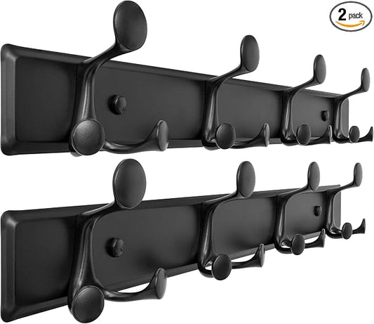 SKOLOO 12 Hooks Wall Mounted Coat Rack, 24 Inch Modern Coat Hanger for Entryway, Bathroom, Garage, Lightweight with 16 Inch Stud Spacing Design, Matte Black(Pack of 2)