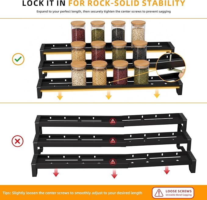 Spice Rack Organizer for Cabinet, 13-21.5" Expandable Spicy Shelf | 3-Tier Metal Seasoning Organizer, Kitchen Spice Organization, Slip-Resistant Guardrails for Jars, Bottles and Cans, Black