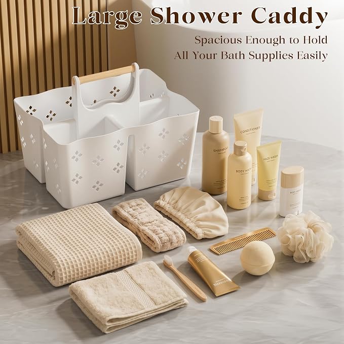 GVY Plastic Shower Caddy Portable, Large Capacity Shower Basket with Handle, Divided Bathroom Toiletry Organizer, Quick-Drain Shower Caddy for College Dorm Beach Kitchen Essentials, White.