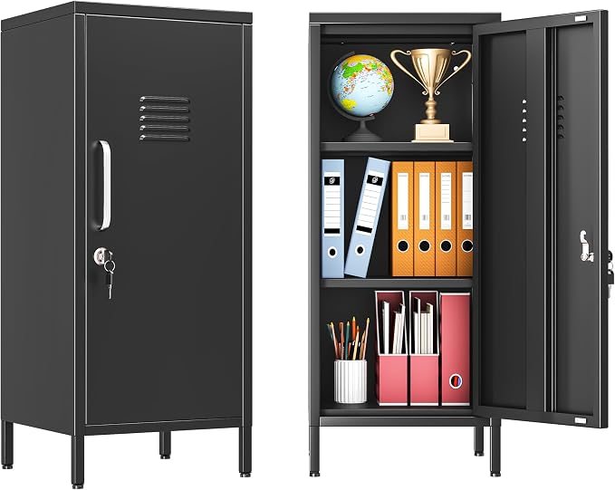 PAOFIN 35" Metal Storage Locker, Lockable Employees Metal Locker with Door and Adjustable Shelves, Steel Locker for Home, School, Office, Gym (Black)