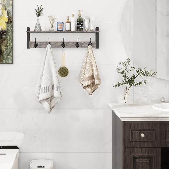Homode Wall Hooks With Shelf, 24 Inch Coat Rack Wall Mount for Entryway, Clothes, Backpack, Key, Purse - Floating Shelf Hanging in Bathroom, Bedroom, Hallway, Rustic Grey