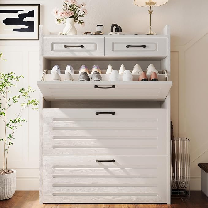 ODUWA Shoe Cabinet with 3 Flip Drawers and 2 Storage Drawers, Shoes Organizer Cabinets with Adjustable Divider, Hidden Shoe Storage Cabinet for Entryway, Hallway, Living Room, White