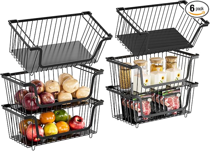 GAOKASE 6 Pcs Stackable Wire Baskets for Pantry Organizers and Storage, | Vegetable Fruit Basket for Countertop,Kitchen Storage Metal Baskets,Produce Potato Onion Storage Bin,Black