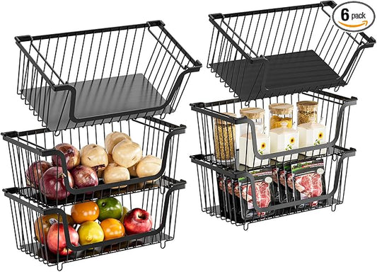 GAOKASE 6 Pcs Stackable Wire Baskets for Pantry Organizers and Storage, | Vegetable Fruit Basket for Countertop,Kitchen Storage Metal Baskets,Produce Potato Onion Storage Bin,Black