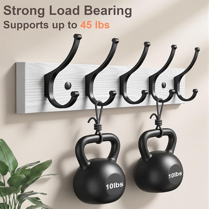 Optish 1 Pack Wooden Coat Rack Wall Mount, 16.1" Rustic Coat Hanger Hooks with 5 Double Hooks, Wall Coat Rack for Hat, Clothes, Bags, Jacket, White