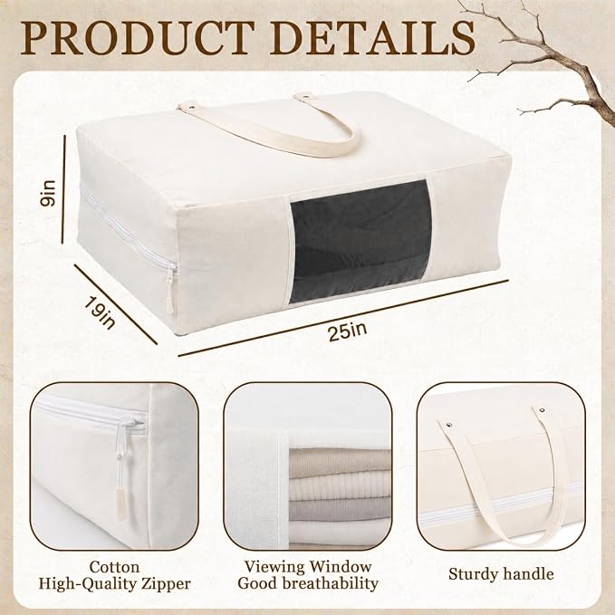 2 Pack Canvas Storage Bags for King/Queen Comforters Blanket, 25"x19"x9" | Fine Mesh Window & Handles, Cotton Blend Canvas, Breathable, Dustproof, Mothproof, for Duvet Sheets Bedding Pillows Clothes