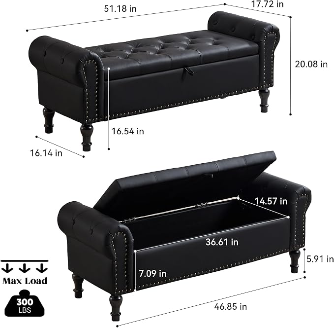 Storage Bench for Bedroom, 51" Upholstered End of Bed Bench, Faux Leather Queen Size Benches with Rolled Arms, Tufted Button Storage Long Ottoman, Living Room, Entryway, Obsidian Black