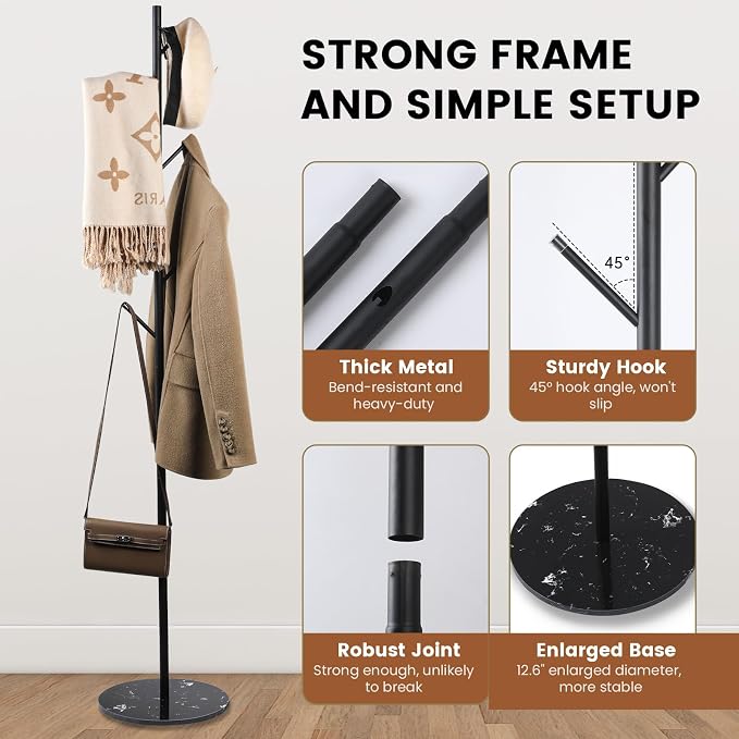 Freestanding Coat Rack with Marble Base, 4 Height Adjustable Standing Metal Coat Tree with 7 Hooks, Space-Saving Hat Clothes Coat Stand for Entryway, Bedroom, Office (Black)