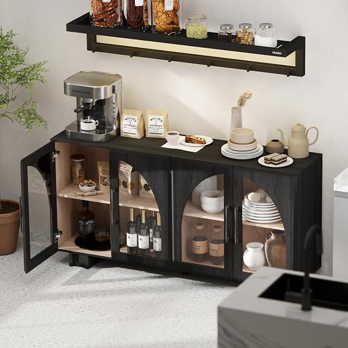 JOINICE 63” Sideboard Buffet Cabinet with Storage for Dining Room,Black | Modern Accent Console Cabinet with Arched Glass Doors,supports up to 100 lbs,Adjustable Shelves,for Kitchen,Entryway