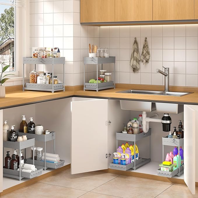 Sevenblue 3 Pack Under Sink Organizers, 2-Tier Multi-Use Kitchen and Bathroom Organizers and Storage with Sliding Drawers, Bathroom Cabinet Organizer (Gray, 14.8 Inch) | Multi-use kitchen & bathroom storage, 14.8 inch gray cabinet organizer, space-savi...