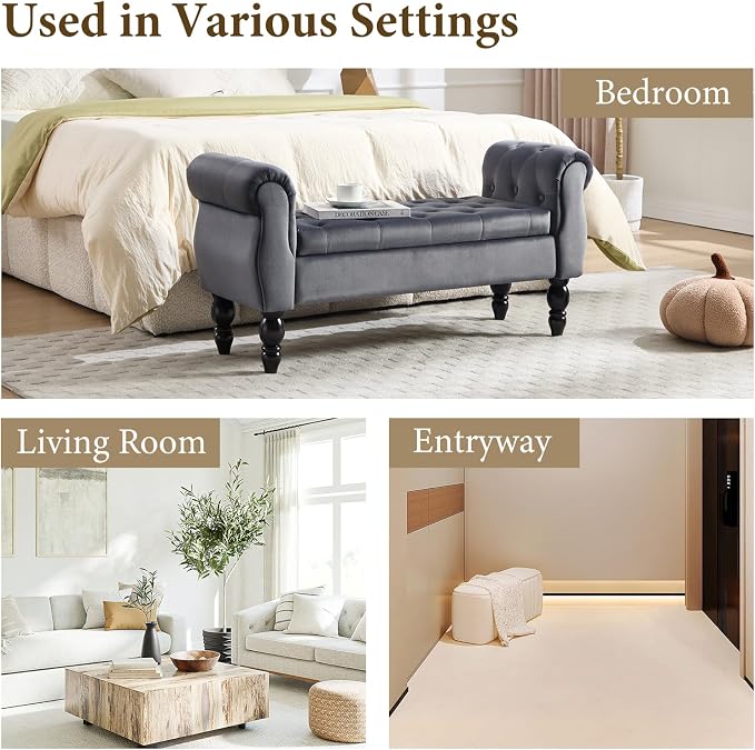 47″ Storage Bench with Arms End of Bed Bench,Velvet Entryway Bench with Storage, Button Tufted Upholstered Ottoman Bench Wood Legs, Window Sitting Bench for Bedroom/Living Room, Dark Grey
