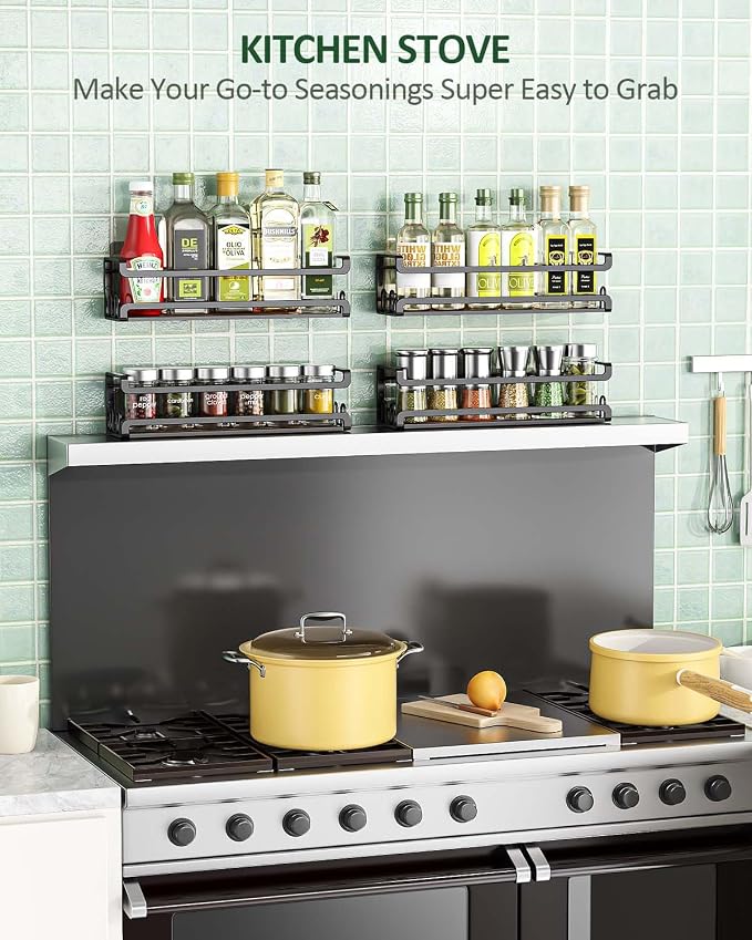 Doakhirmit Wall Mounted Spice Rack,Wooden Spice Holder Black,2 Pack | 8 Hooks,Screw or Adhesive Installation , Hanging Organizer for Stove Cabinet Pantry Door Kitchen and RV Use