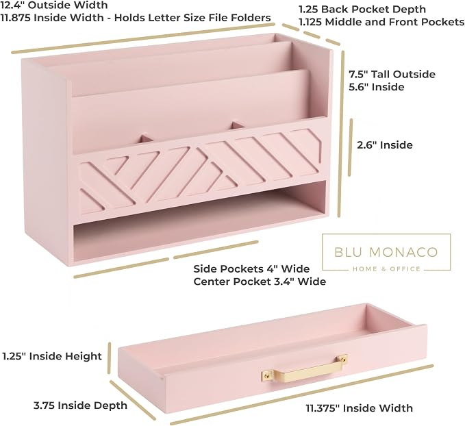 BLU MONACO | Pink Desk Organizers Wooden Mail Organizer with Drawer | Mail Sorter Organizer Countertop Gold Handle | Desk Organizers and Accessories Pink Office Storage