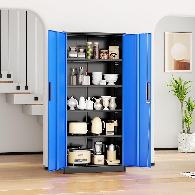 INTERGREAT Metal Storage Cabinet, 72” H Storage Cabinet with Doors and Adjustable Shelves for Office, Home, Garage, Pantry (Assembly Required, Black Blue)
