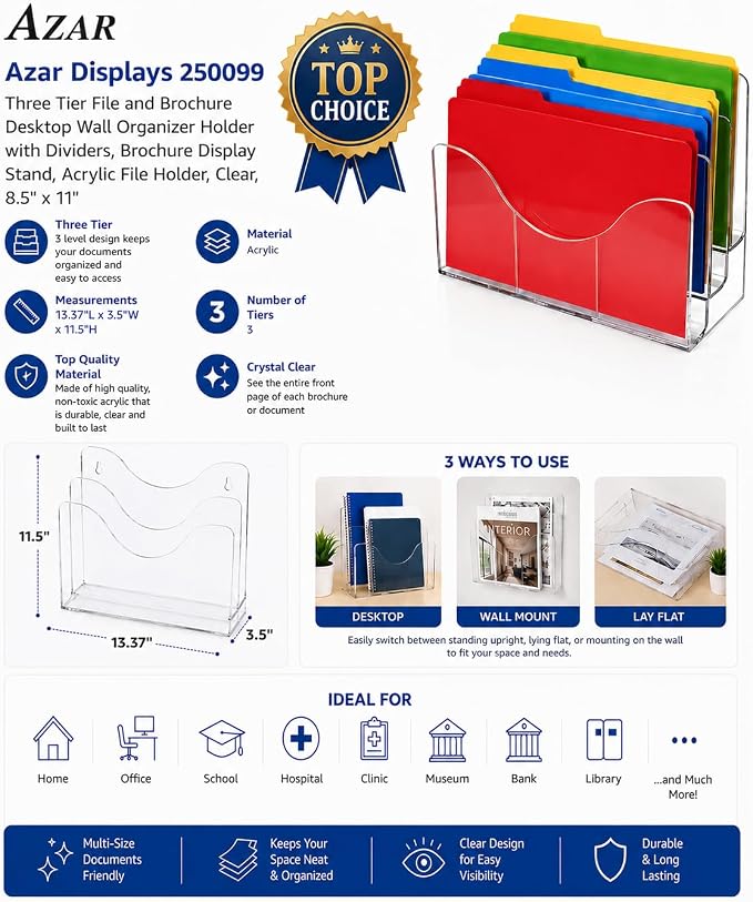 Azar Displays 250099-3PK Three Tier File and Brochure Desktop Wall Organizer Holder with Dividers brochure display stand acrylic file holder, Clear , 3-Pack
