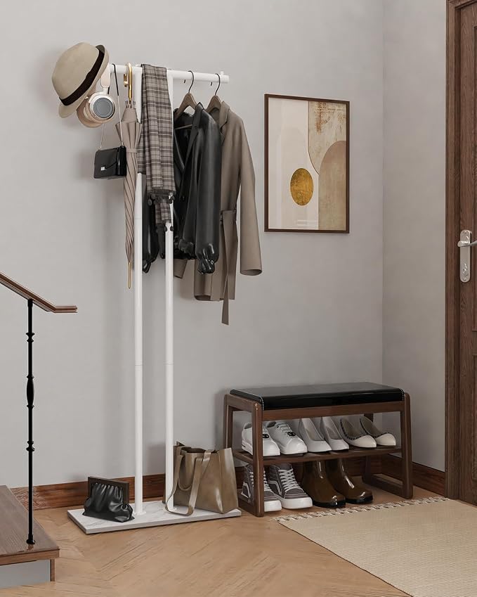 OUTBROS Large Metal Coat Rack Freestanding with Rock Base, White | Standing Garment Storage for Indoor - 23.6" Wide Heavy Duty Clothe Rack Metal Clothing Hanger Rack