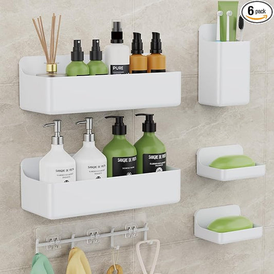 Adhesive Shower Caddy Shower Shelves Bathroom Organizer and Storage | 6 Pack，Rustproof，No Drilling，with Soap Holder，Clear，Acrylic， Large Capacity，Removable and Reusable，Plastics，Wall-Mounted