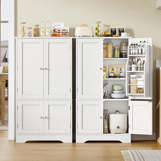 43'H Pantry Cabinet with 4 Doors, Kitchen Cabinet with 6 Door Shelves, Storage Cabinet-Kitchen Pantry for Living Room, Dining Room, Bathroom, White