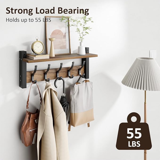 Optish Coat Rack Wall Mount with Shelf, 17.1 Inch Coat Hanger, Entryway Wall Key Holder, Hat Rack for Walls, Shelf with 5 Coat Hooks, Purse Hanger for Wall (Brown)