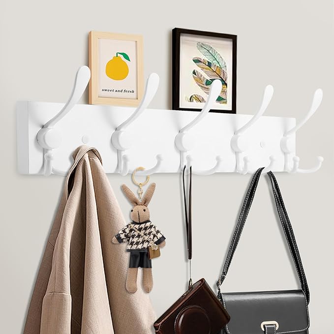Kuhome 2pcs Coat Rack Wall Mount Coat Hooks Wooden Hat Rack for Wall Hooks Pine Real Wood Plank 16.9" White Coat Hanger with 5 White Triple Hooks for Hanging Coat Hat Jacket