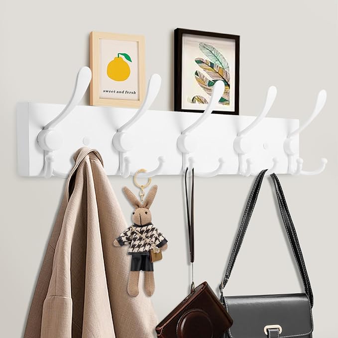 Kuhome Coat Rack Wall Mount Coat Hooks Wooden Hat Rack for Wall Hooks Pine Real Wood Plank 16.9" White Coat Hanger with 5 White Triple Hooks for Hanging Coat Hat Jacket