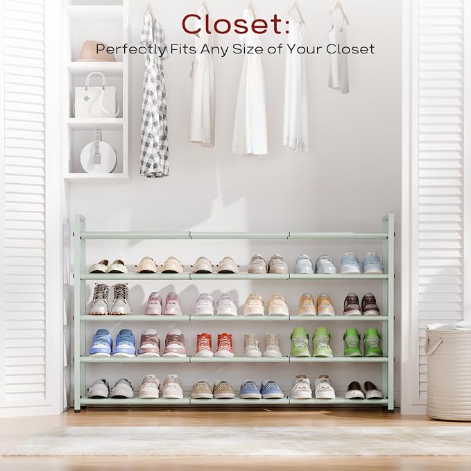 Bumusty 5 Tier Long Expandable Shoe Rack for Closet, Green | 18"-44" Adjustable Shoe Rack for Entryway, Shoe Organizer for Dorm, Front Door, Sturdy Metal