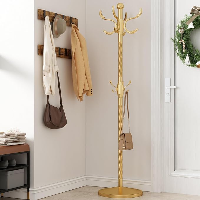 Metal Coat Rack Stand Coat Rack Freestanding with 12 Hooks,Gold | Sturdy Heavy Duty Modern Coats Tree for Bags Clothes Hall Tree Hats Hanger Holder Stand for Entryway Bedroom Hallway Office