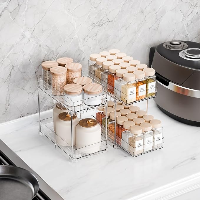 2 Pack 2 Tier Vertical Spice Rack Pull Out,10.4'' Deep Narrow Slide Out Spice Rack Organizer for Inside Cabinets,Kitchen,Pantry,Cupboard Seasoning,Can,Jar Organizer and Medicine Cabinet Storage