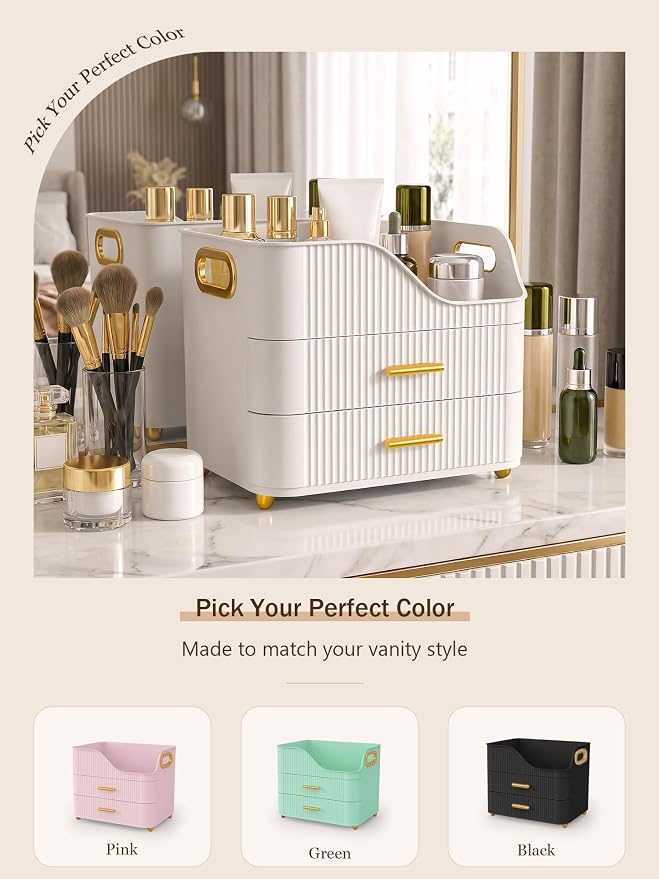 Booklov Large Makeup Organizer for Vanity, Bathroom Countertop, White | Plastic Cosmetic Display Case with Drawers, Beauty Brush Holder for Dresser Counter Skincare Eyeshadow Lipstick Storage