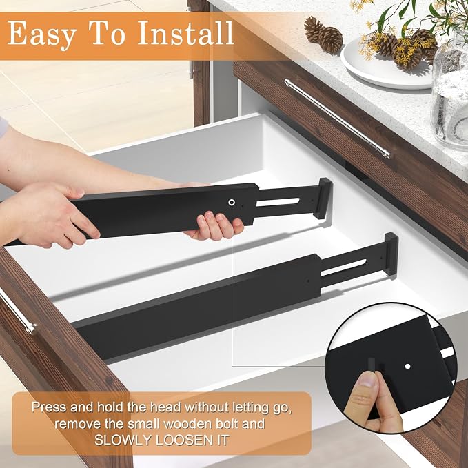 Bamboo Drawer Dividers, Adjustable Drawer Organizers, Fits 17.6–21" Drawers | 2.5" High, 6 Pack Expandable Drawer Separators for Kitchen, Nursery, Dressers & Office Storage, Black