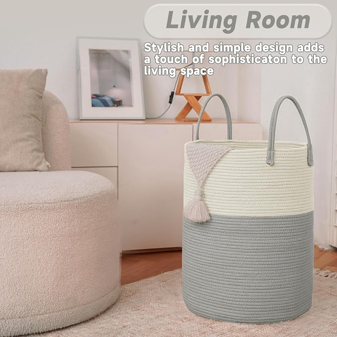 JMvicyroam 100L Cotton Rope Laundry Basket Hamper, White and Grey | Collapsible laundry basket, reinforced handles, freestanding, machine washable, holds 3-5 thick blankets, clothes or toys