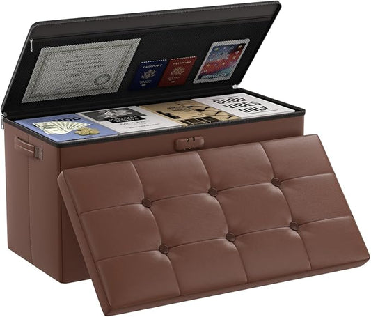 DocSafe Storage Ottoman Bench with Lock,Fireproof 30 Inches Folding Bench Foot Rest Stool Storage Chest Safe for Living Room,Bedroom,Home Office,Waterproof Leather Ottoman with Handles,Brown