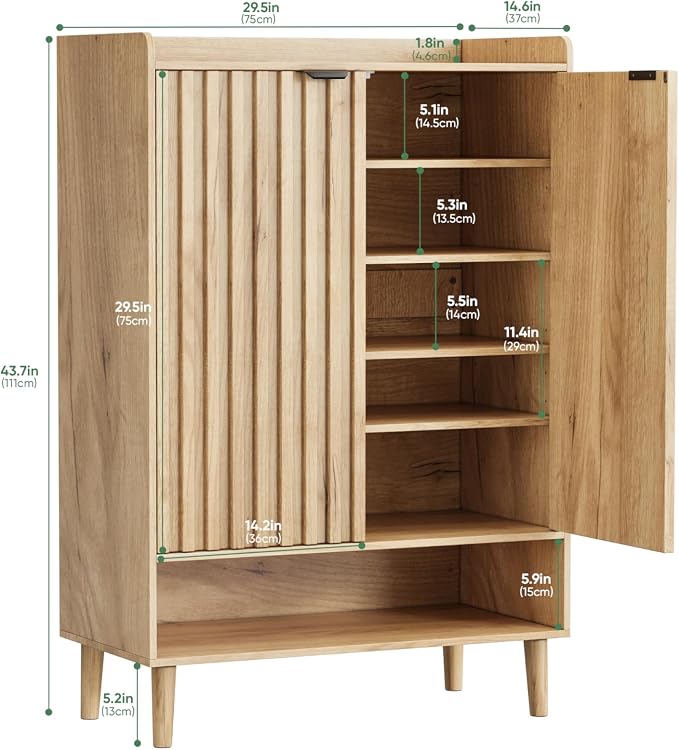 Shoe Cabinet, Large 6-Tier Shoe Storage Cabinet with Fluted 2 Doors, 44" Tall Freestanding Entryway Shoe Cabinet with Adjustable Shelves, Modern Shoe Organizer Cabinet, Shoe Rack Cabinet ( Oak)