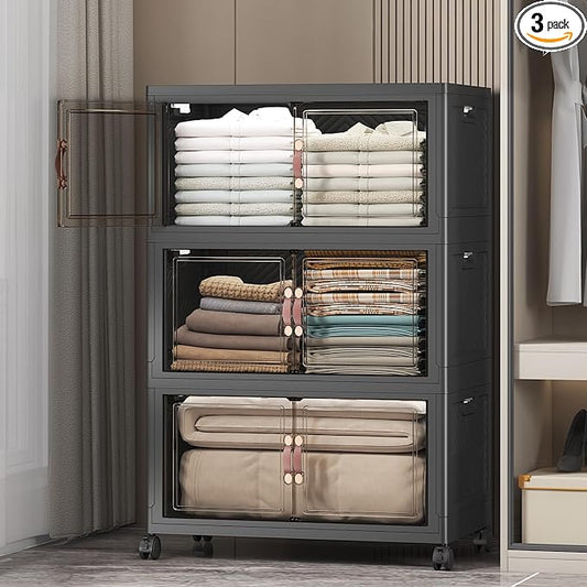 UAMFURI Stackable Storage Bins, 336QT Collapsible Drawers with 1 Lid | Large Capacity, Magnetic Door, Stack Lock, Rolling Wheels, Foldable Design, Organizers and Storage for Bedroom Dorm Garage
