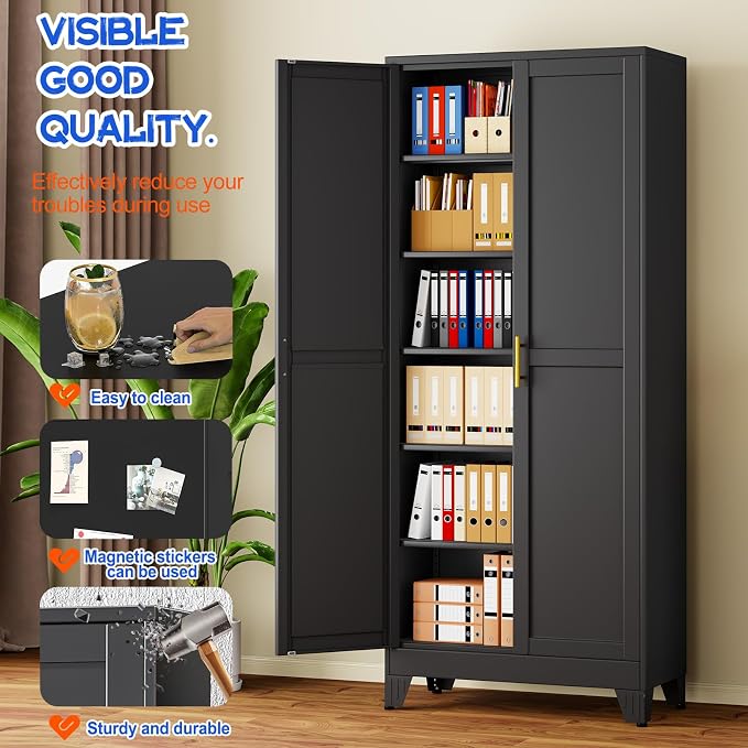GAIOUS 75''Tall Metal Garage Storage Cabinet,File Cabinet with Door and Adjustable Shelves, Outdoor Steel Tool Cabinet for Home,Office,Warehouse,Garage,Black