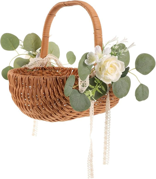 Totority Woven Storage Basket with Handle, Decorative Picnic & Fruit Basket for Home, Farmhouse Decor | Includes Faux Flower Accent | Multi-use Organizer for Kitchen, Dining, Or Display
