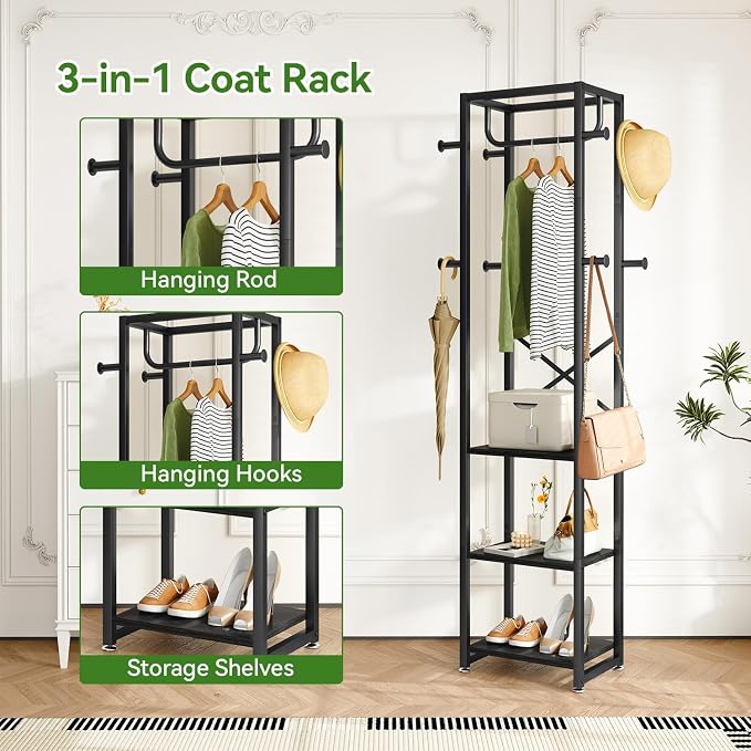 IBUYKE Freestanding Coat Rack,with 3 Shelves and 8 Hooks,Black UTMJ088B | Metal Frame,Industrial Hall Tree,Clothes Stand for Entryway, Hallway, Bedroom,Office, Living Room