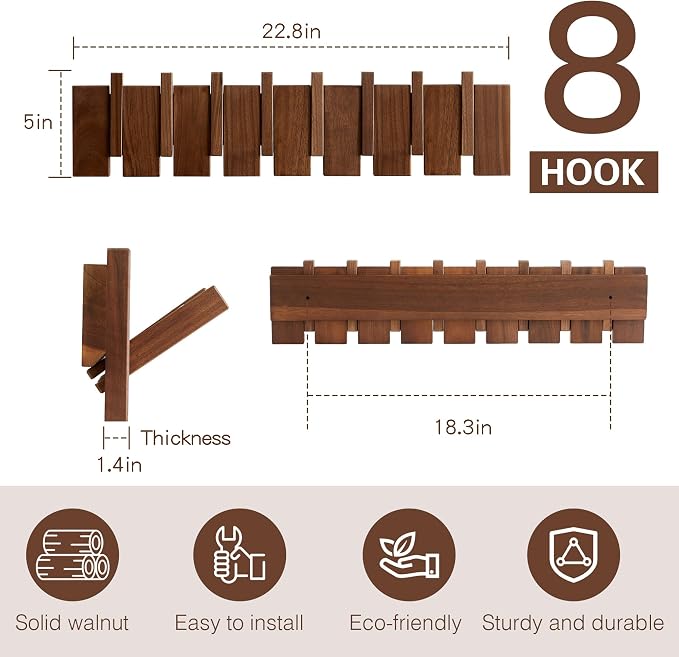 QUELLANCE Wood Coat Rack Wall Mount, Coat Hooks Hanger Wall Mounted, Heavy Duty Wall Coat Rack with 8 Hooks for Hanging Coats/Keys/Hats/Robe&Towels/Plants/Bags, Walnut