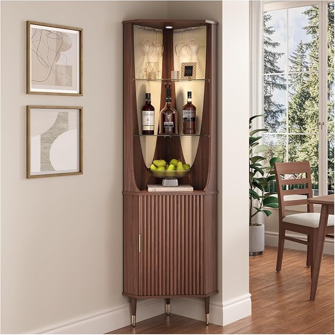 JOINICE Tall Corner Bar Cabinet for Liquor,Mid-Century Modern,Walnut,70" | Fluted Door,Glass Shelves,Wine Cabinet with Led for Living Room, Kitchen,Dining Room,Easy Assembly,for Small Apartment