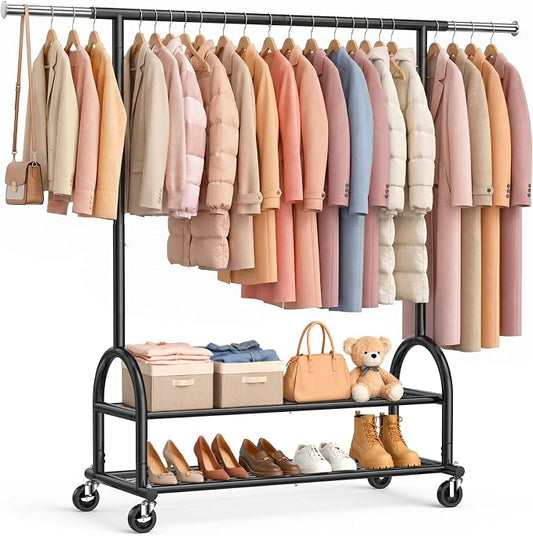 EAGMAK Heavy Duty Clothes Rack for Hanging Clothes Load 556 LBS, Height Adjustable Rolling Clothing Racks, Portable Metal Coat Rack Garment Wardrobe with Wheels and Shelves for Bedroom Laundry, Black