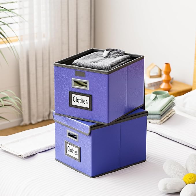 File Organizer Box with Lids, Collapsible File Folder Organizer | File Box with Plastic Slides for Document, Filing Bin for Letter Size Hanging File Folders (1 Pack, Navy Blue, Leather)