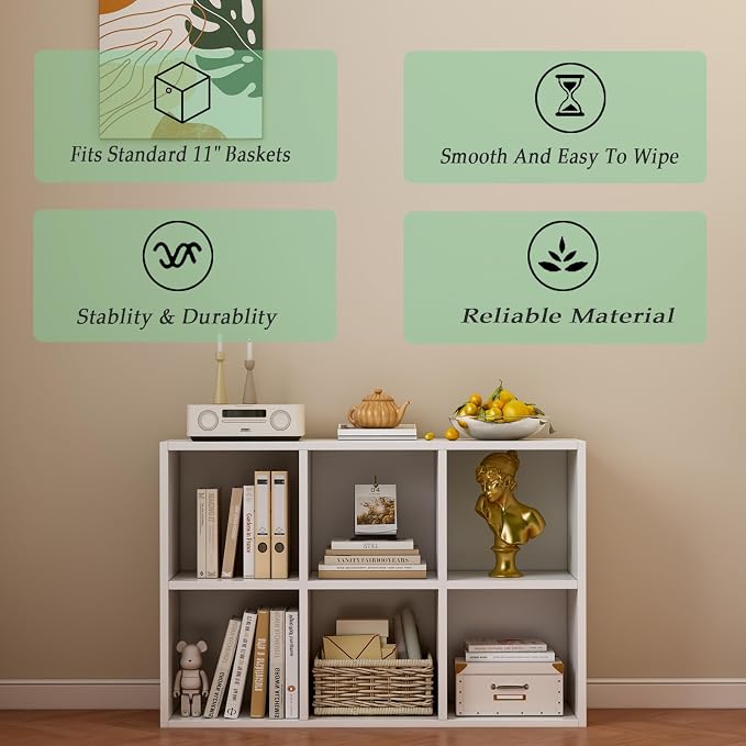 OSCHF 6-Cube Storage Shelf Bookcase, Warm White | Wooden 3-Tier Open Bookshelf, Fits 11×11" Bins, Vertical or Horizontal Use, Full Back Panels, For Home Office