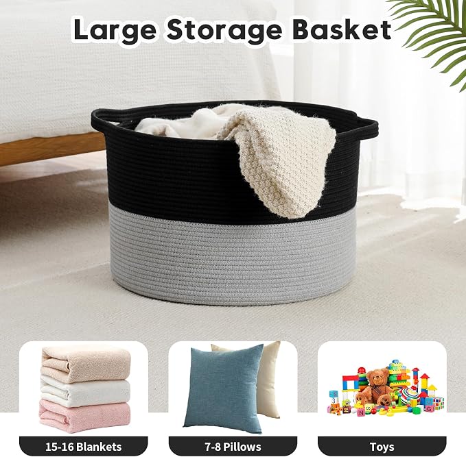 Foldable Laundry Hamper Basket with Collapsible Handle Cotton Rope Soft Woven Fabric Storage Organizer Clothes Toys Nursery Bedroom Dorm Space Saving Bin (Black & Grey, 115L(23.6"D x 15.7"H))
