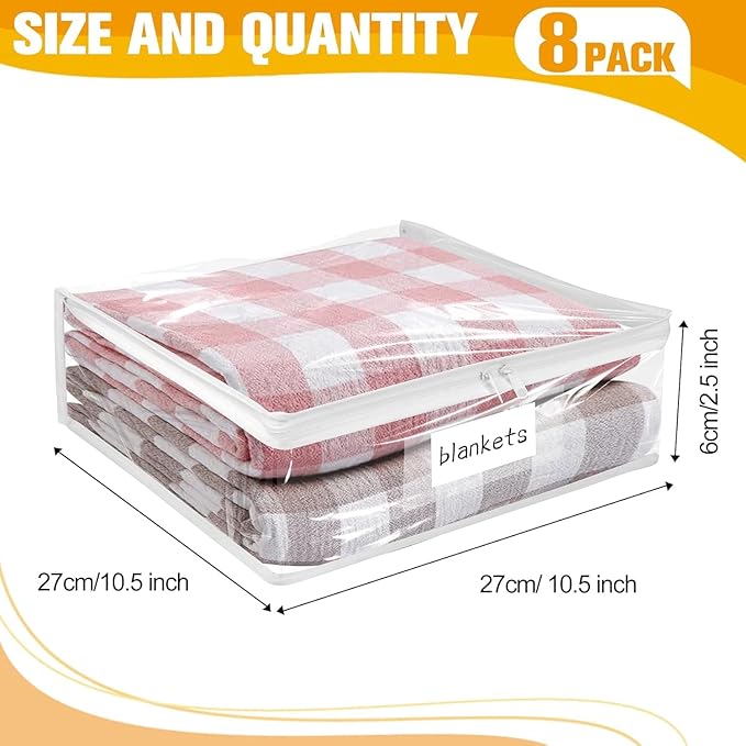 Kikerike Plastic Storage Bags with Easy-Glide Zipper, Pack of 8, Durable Clear Vinyl Zippered Storage Bags for Clothes Sweaters Comforters Blankets Sheets Bedding (10.5 x 10.5 x 2.5 Inch, White)