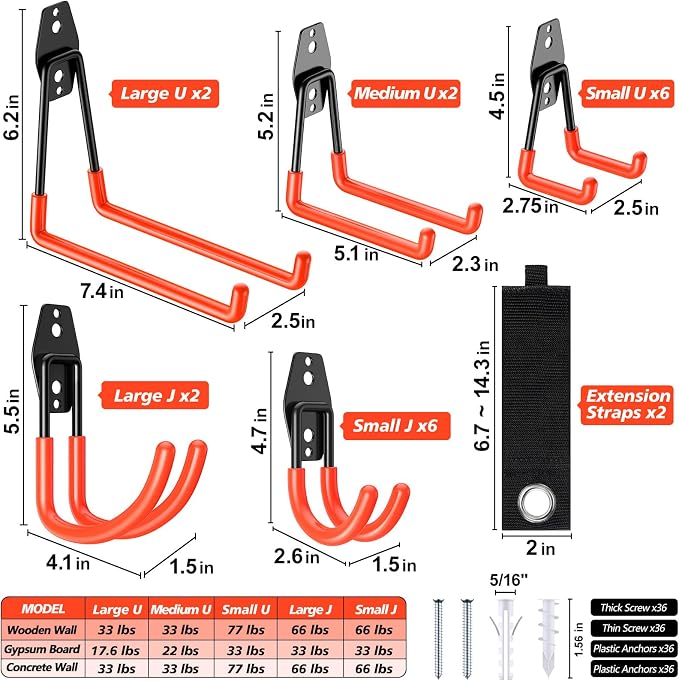 MKRUI 20-Pack Garage Hooks for Storage & Hanging Items, Save Space | Hangs Bikes, Ladders, Ropes, Hoses, Tools; for Garage, Warehouse, Shop, Shed, Yard